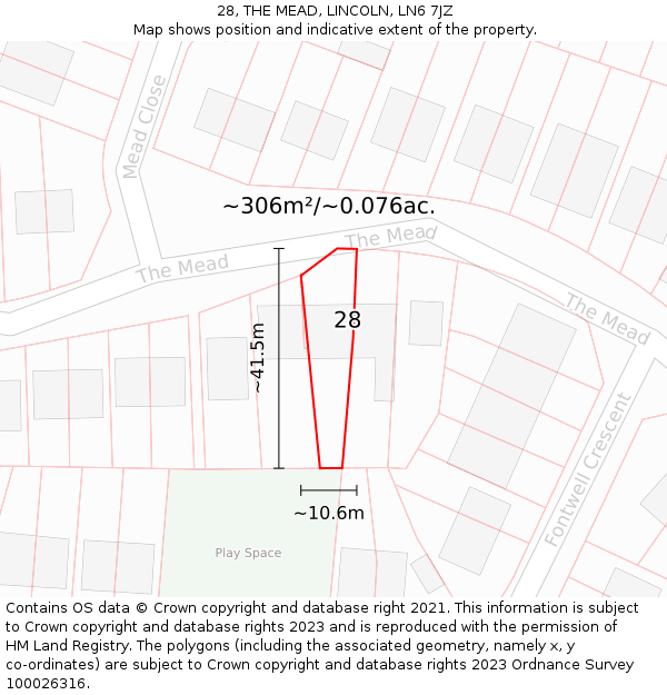 28, THE MEAD, LINCOLN, LN6 7JZ: Plot and title map