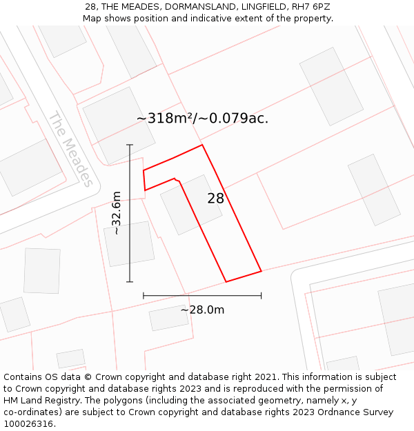 28, THE MEADES, DORMANSLAND, LINGFIELD, RH7 6PZ: Plot and title map