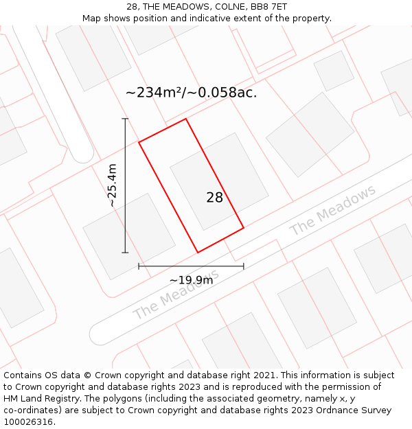 28, THE MEADOWS, COLNE, BB8 7ET: Plot and title map