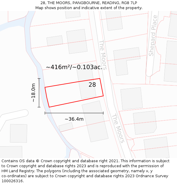 28, THE MOORS, PANGBOURNE, READING, RG8 7LP: Plot and title map