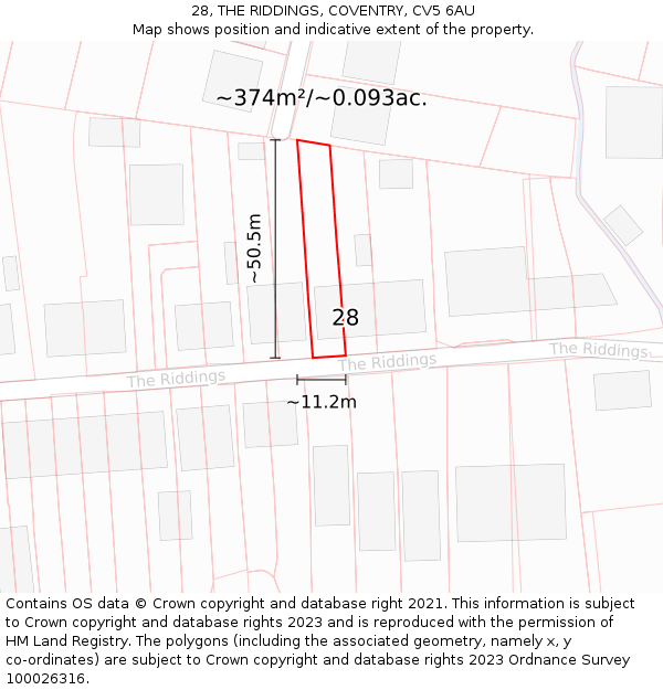 28, THE RIDDINGS, COVENTRY, CV5 6AU: Plot and title map