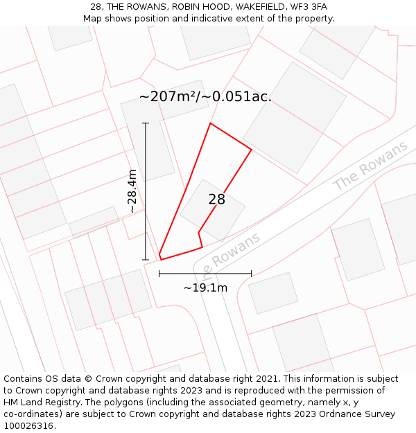 28, THE ROWANS, ROBIN HOOD, WAKEFIELD, WF3 3FA: Plot and title map