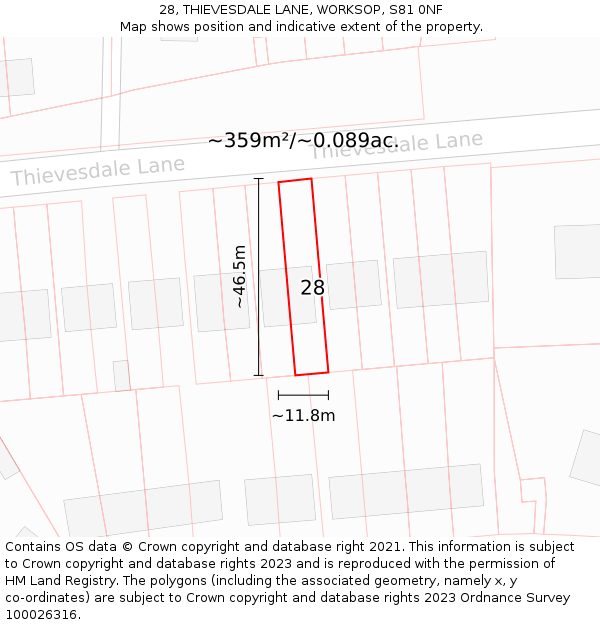 28, THIEVESDALE LANE, WORKSOP, S81 0NF: Plot and title map