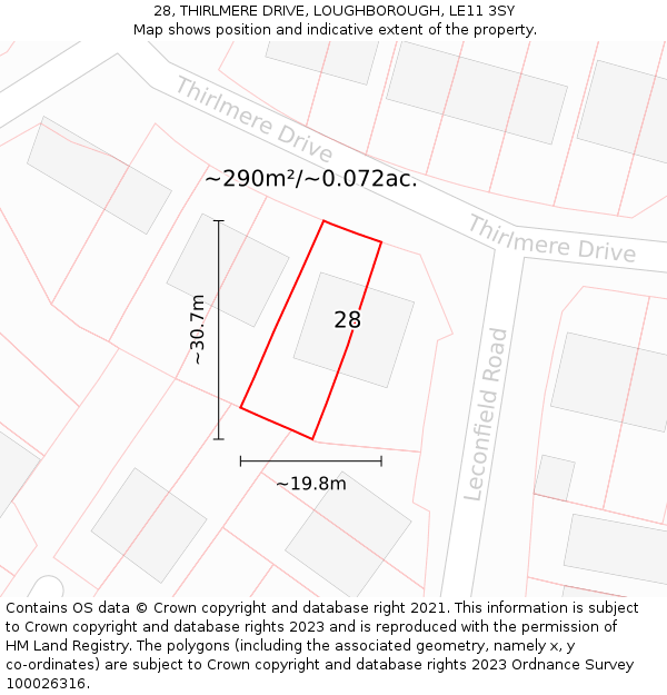 28, THIRLMERE DRIVE, LOUGHBOROUGH, LE11 3SY: Plot and title map