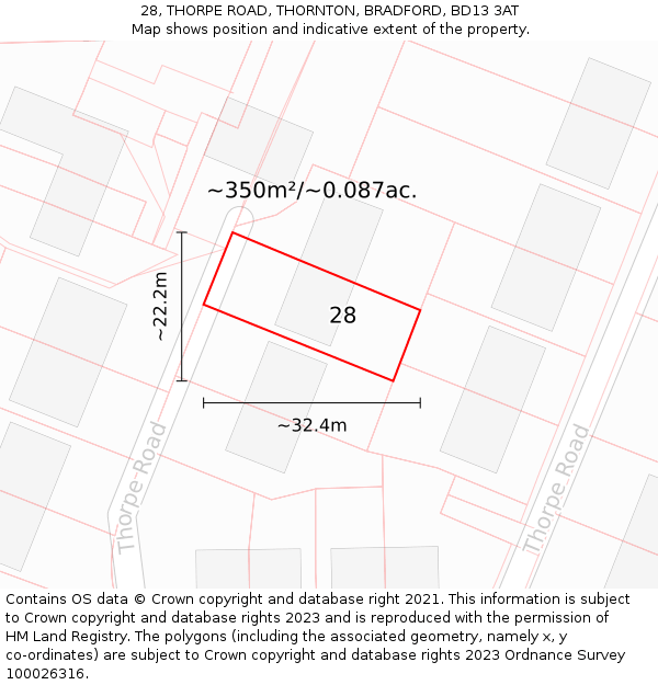 28, THORPE ROAD, THORNTON, BRADFORD, BD13 3AT: Plot and title map