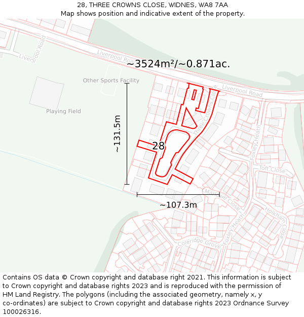 28, THREE CROWNS CLOSE, WIDNES, WA8 7AA: Plot and title map
