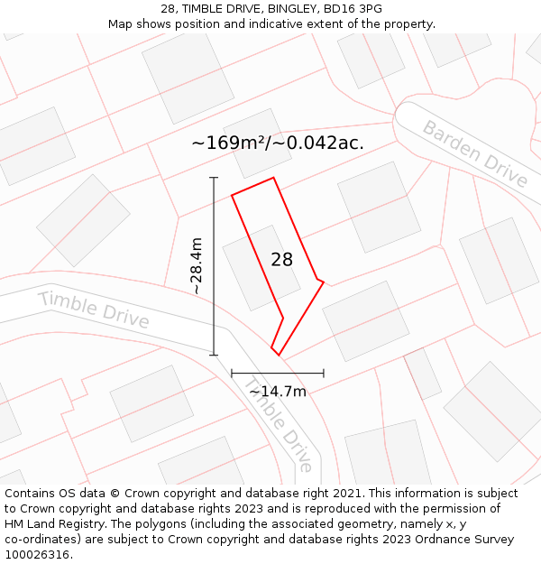28, TIMBLE DRIVE, BINGLEY, BD16 3PG: Plot and title map