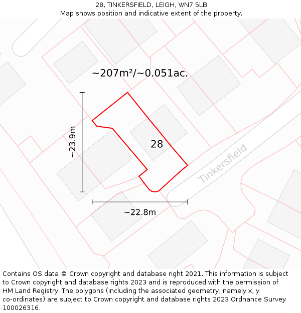 28, TINKERSFIELD, LEIGH, WN7 5LB: Plot and title map