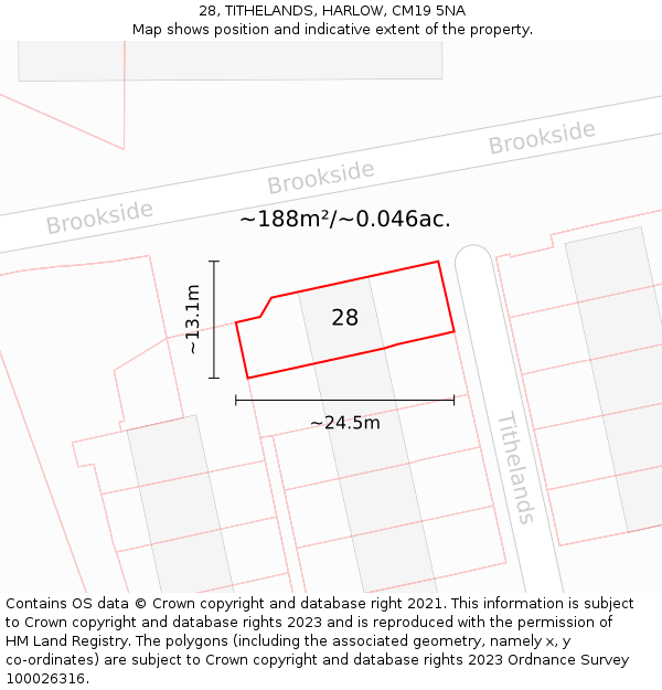 28, TITHELANDS, HARLOW, CM19 5NA: Plot and title map