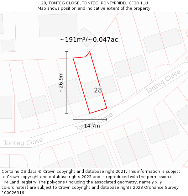 28, TONTEG CLOSE, TONTEG, PONTYPRIDD, CF38 1LU: Plot and title map