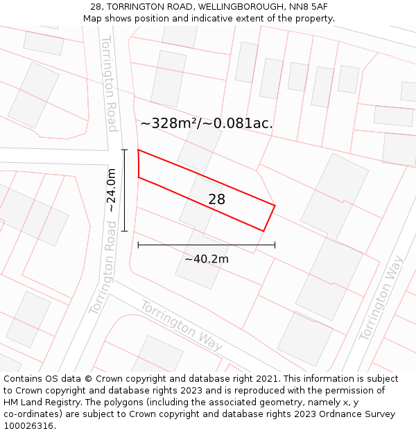 28, TORRINGTON ROAD, WELLINGBOROUGH, NN8 5AF: Plot and title map