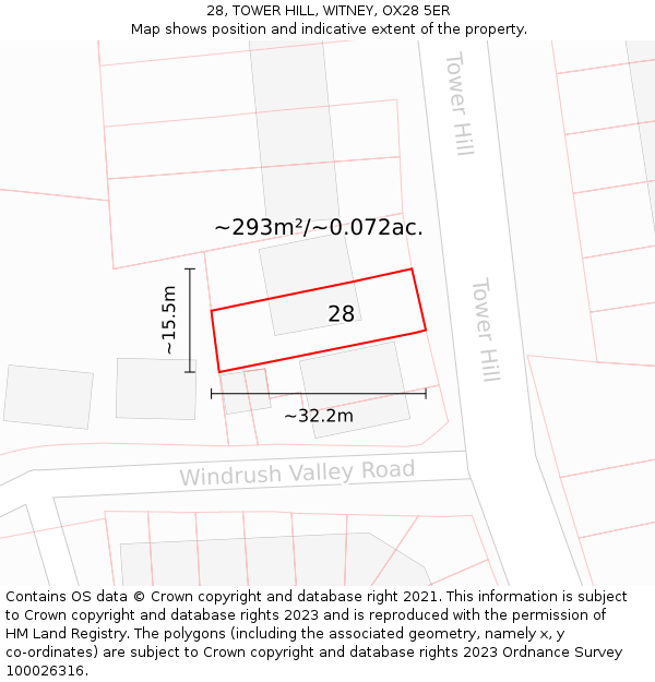 28, TOWER HILL, WITNEY, OX28 5ER: Plot and title map