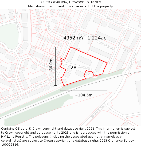 28, TRIPPEAR WAY, HEYWOOD, OL10 3FG: Plot and title map