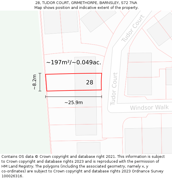 28, TUDOR COURT, GRIMETHORPE, BARNSLEY, S72 7NA: Plot and title map