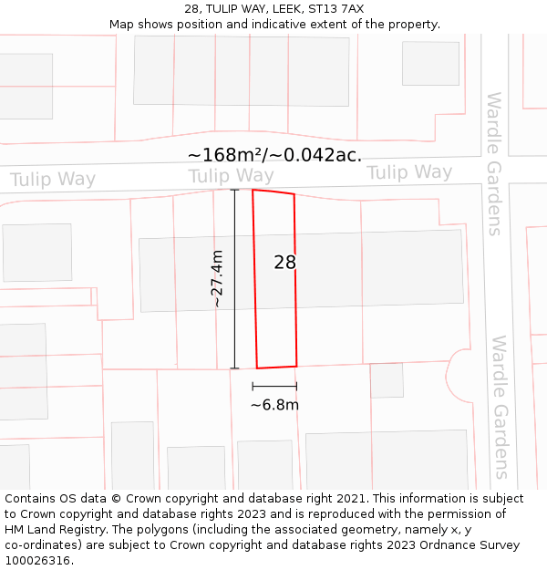 28, TULIP WAY, LEEK, ST13 7AX: Plot and title map