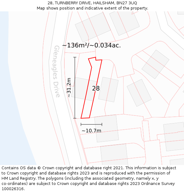 28, TURNBERRY DRIVE, HAILSHAM, BN27 3UQ: Plot and title map