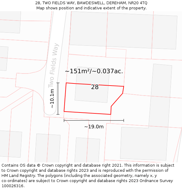 28, TWO FIELDS WAY, BAWDESWELL, DEREHAM, NR20 4TQ: Plot and title map
