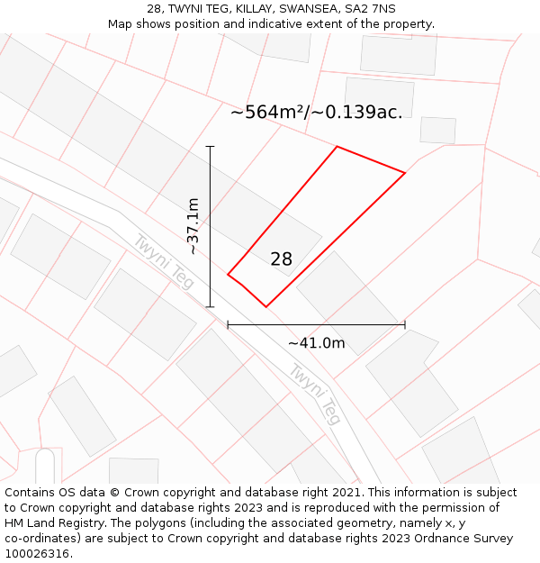 28, TWYNI TEG, KILLAY, SWANSEA, SA2 7NS: Plot and title map