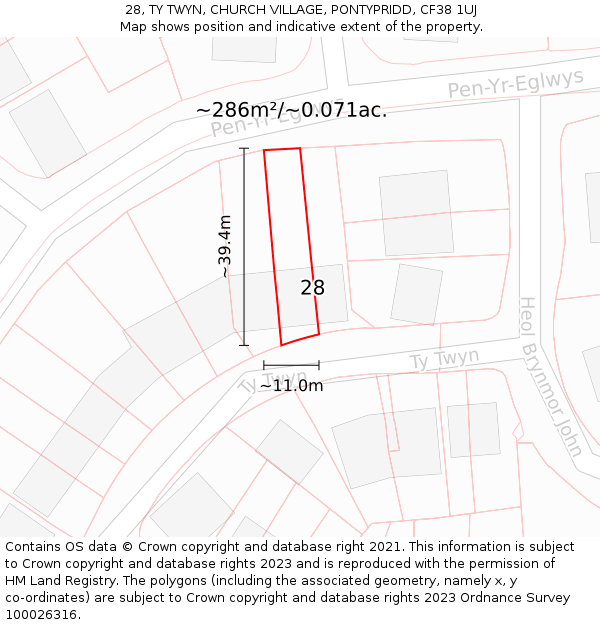 28, TY TWYN, CHURCH VILLAGE, PONTYPRIDD, CF38 1UJ: Plot and title map