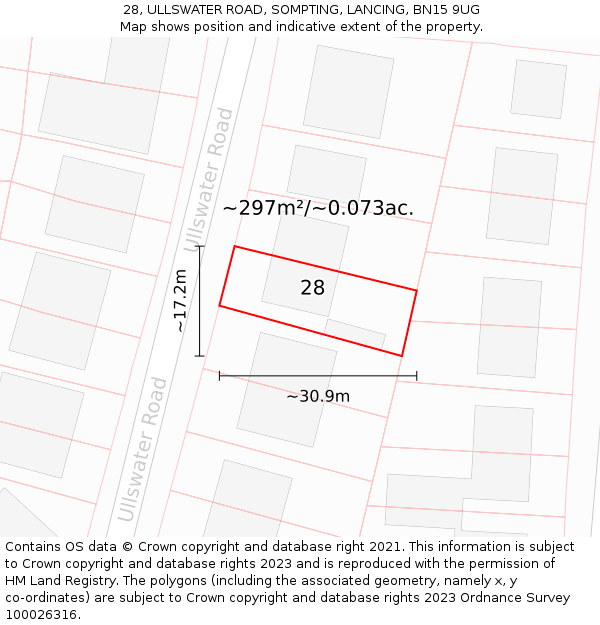 28, ULLSWATER ROAD, SOMPTING, LANCING, BN15 9UG: Plot and title map