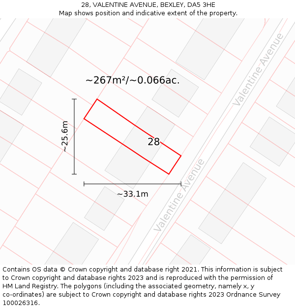 28, VALENTINE AVENUE, BEXLEY, DA5 3HE: Plot and title map