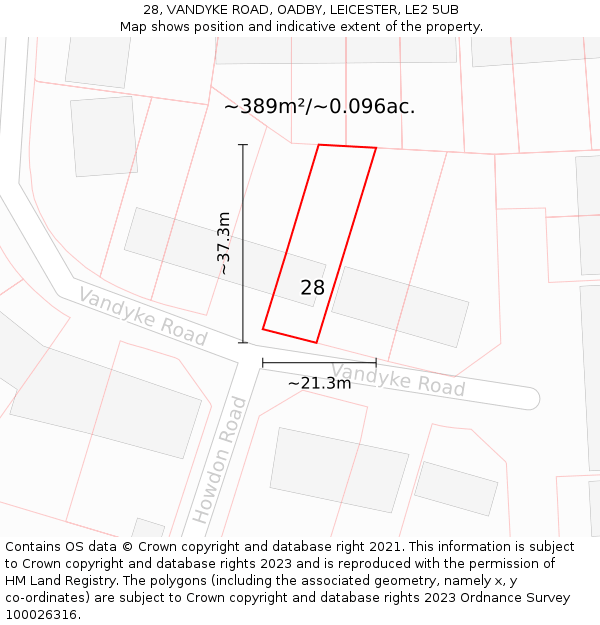 28, VANDYKE ROAD, OADBY, LEICESTER, LE2 5UB: Plot and title map