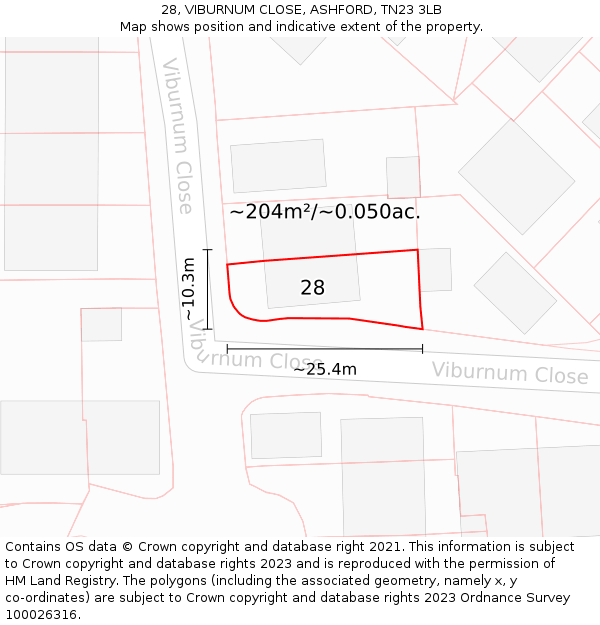 28, VIBURNUM CLOSE, ASHFORD, TN23 3LB: Plot and title map