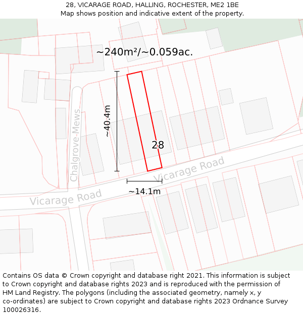 28, VICARAGE ROAD, HALLING, ROCHESTER, ME2 1BE: Plot and title map