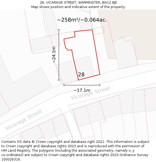 28, VICARAGE STREET, WARMINSTER, BA12 8JE: Plot and title map