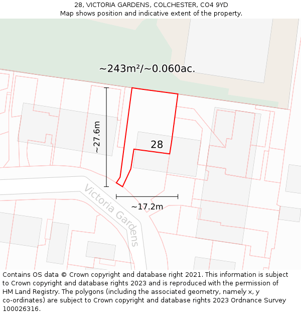 28, VICTORIA GARDENS, COLCHESTER, CO4 9YD: Plot and title map