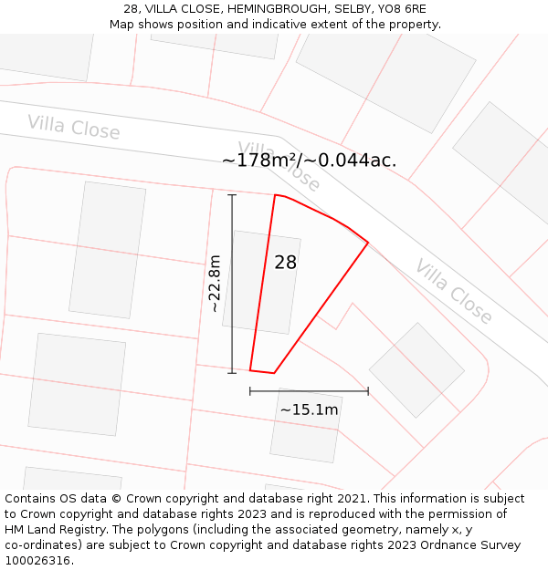 28, VILLA CLOSE, HEMINGBROUGH, SELBY, YO8 6RE: Plot and title map