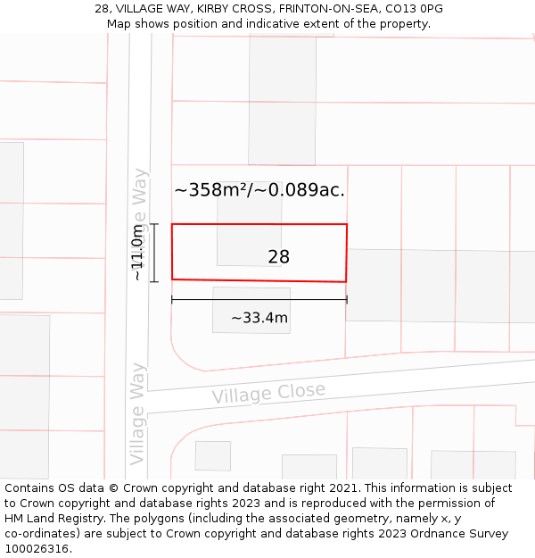 28, VILLAGE WAY, KIRBY CROSS, FRINTON-ON-SEA, CO13 0PG: Plot and title map