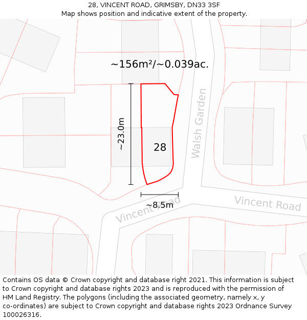 28, VINCENT ROAD, GRIMSBY, DN33 3SF: Plot and title map