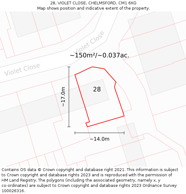 28, VIOLET CLOSE, CHELMSFORD, CM1 6XG: Plot and title map