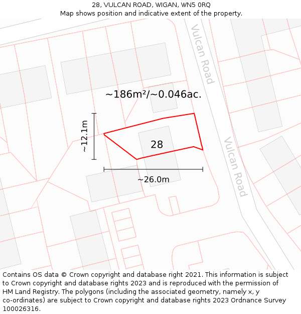 28, VULCAN ROAD, WIGAN, WN5 0RQ: Plot and title map