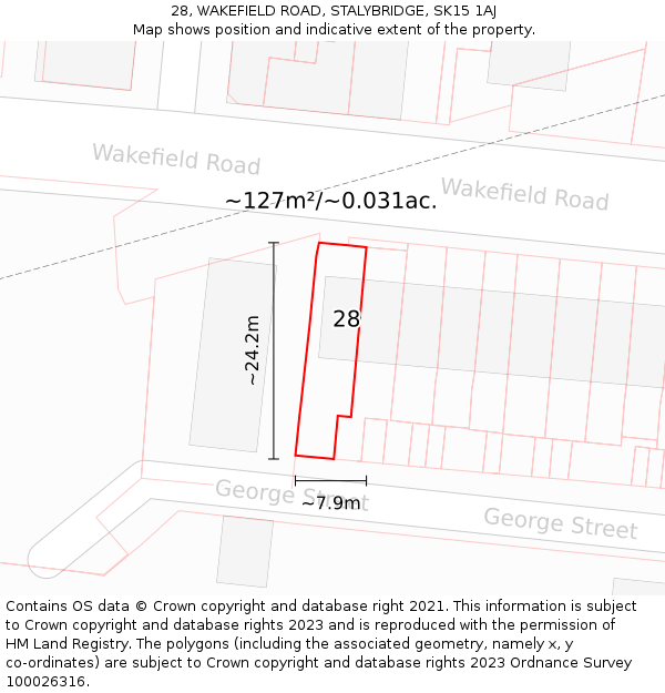 28, WAKEFIELD ROAD, STALYBRIDGE, SK15 1AJ: Plot and title map