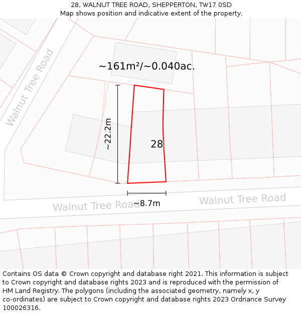 28, WALNUT TREE ROAD, SHEPPERTON, TW17 0SD: Plot and title map