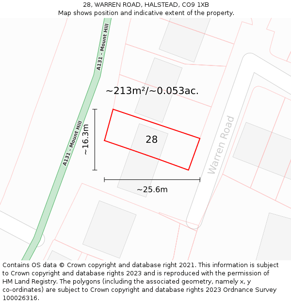 28, WARREN ROAD, HALSTEAD, CO9 1XB: Plot and title map