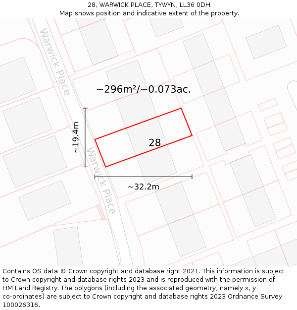 28, WARWICK PLACE, TYWYN, LL36 0DH: Plot and title map