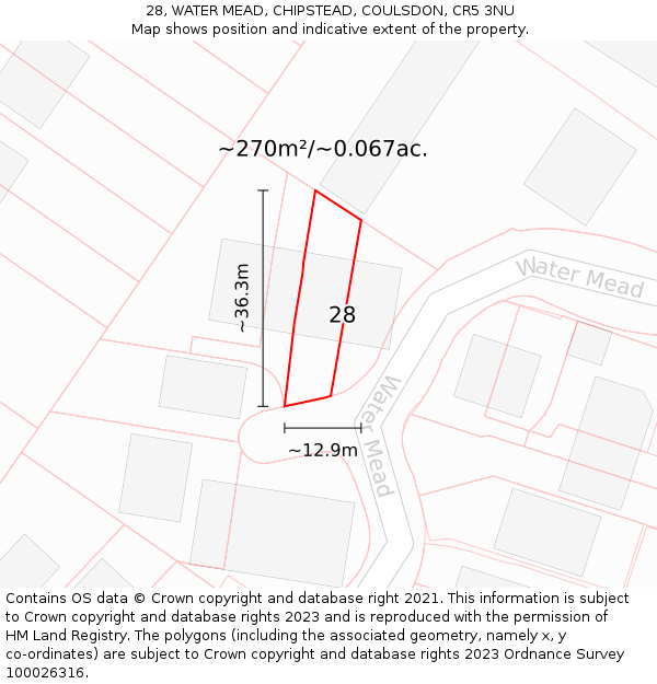 28, WATER MEAD, CHIPSTEAD, COULSDON, CR5 3NU: Plot and title map