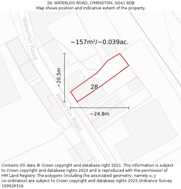 28, WATERLOO ROAD, LYMINGTON, SO41 9DB: Plot and title map