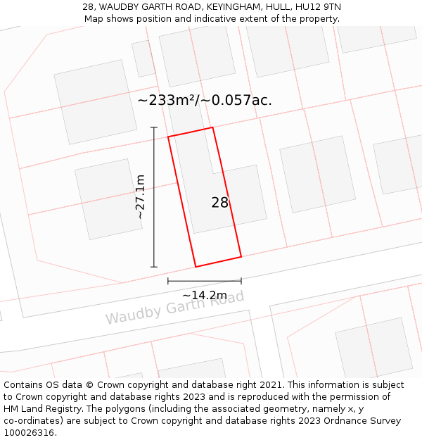 28, WAUDBY GARTH ROAD, KEYINGHAM, HULL, HU12 9TN: Plot and title map