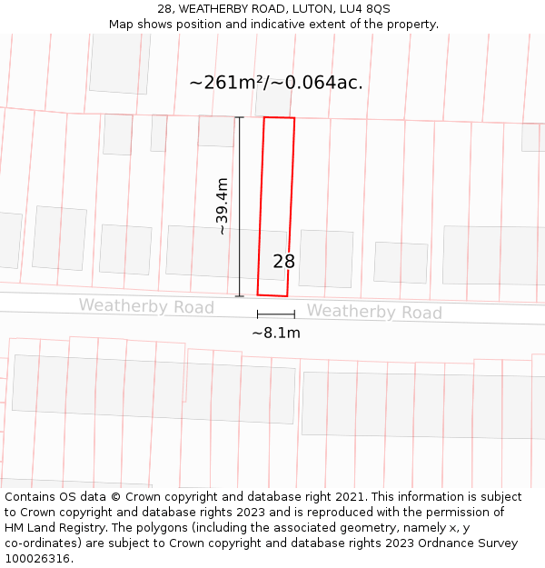 28, WEATHERBY ROAD, LUTON, LU4 8QS: Plot and title map