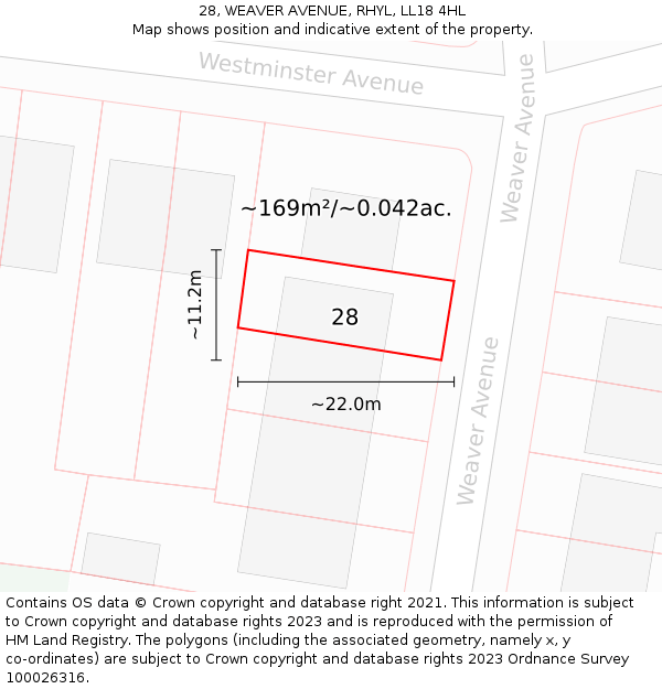 28, WEAVER AVENUE, RHYL, LL18 4HL: Plot and title map