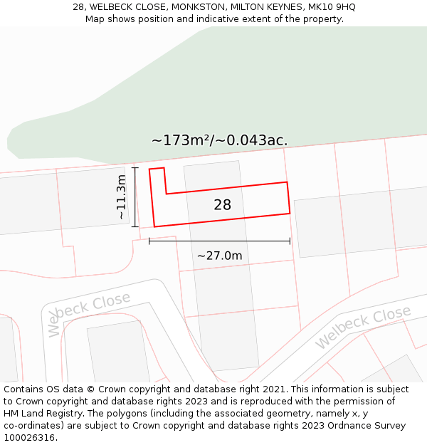 28, WELBECK CLOSE, MONKSTON, MILTON KEYNES, MK10 9HQ: Plot and title map