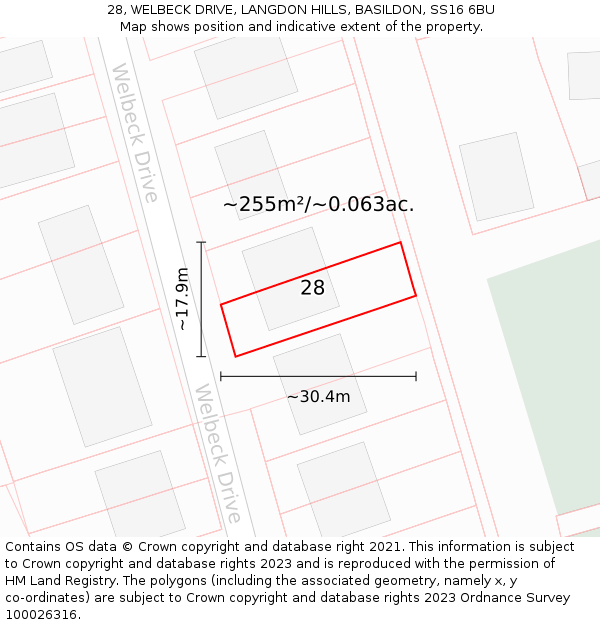 28, WELBECK DRIVE, LANGDON HILLS, BASILDON, SS16 6BU: Plot and title map