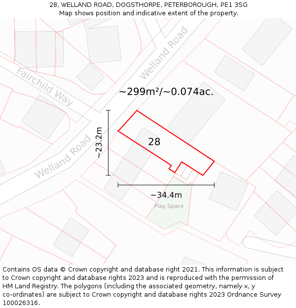 28, WELLAND ROAD, DOGSTHORPE, PETERBOROUGH, PE1 3SG: Plot and title map