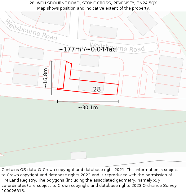 28, WELLSBOURNE ROAD, STONE CROSS, PEVENSEY, BN24 5QX: Plot and title map