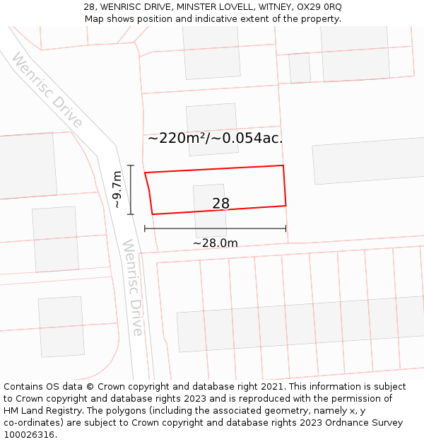 28, WENRISC DRIVE, MINSTER LOVELL, WITNEY, OX29 0RQ: Plot and title map