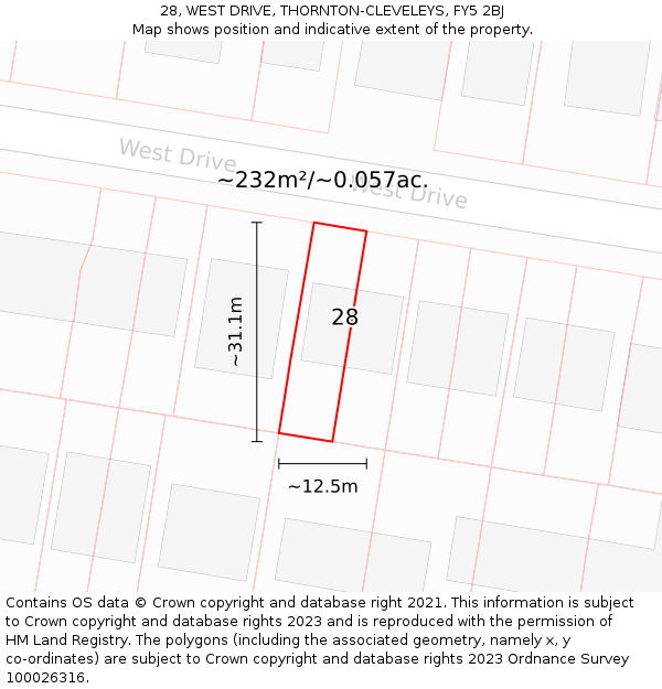 28, WEST DRIVE, THORNTON-CLEVELEYS, FY5 2BJ: Plot and title map